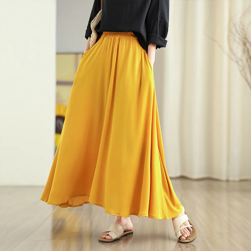 Yellow Cotton Linen Half Skirt Women's Spring Summer Full Skirt Pleated Thin Long Skirt Trendy High Waist A-Line  Color