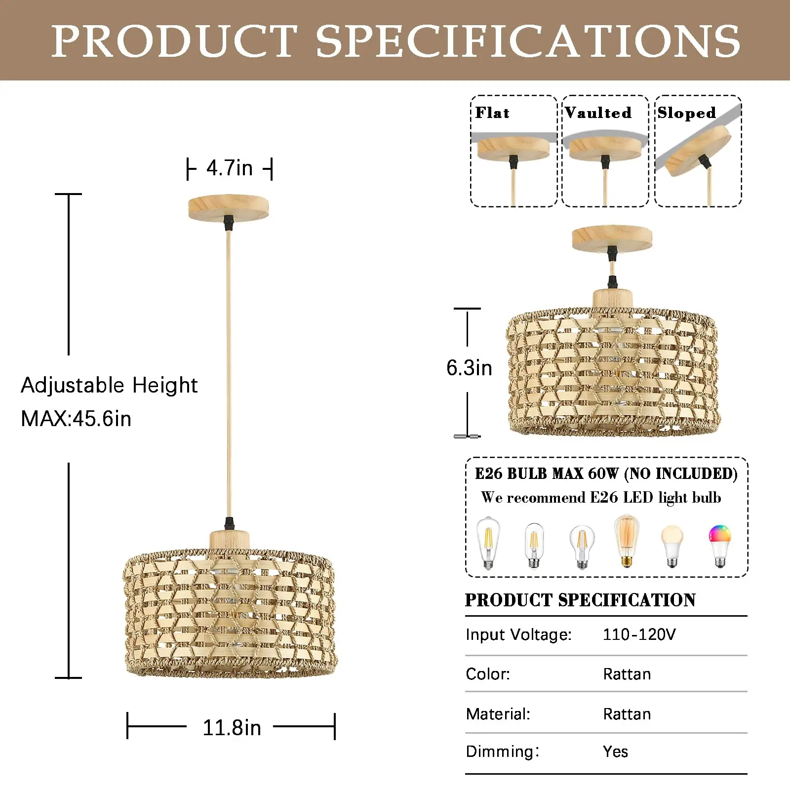 Hand-Woven Pendant Light, 11.8" Boho 1-Light Natural Rattan Hanging Lighting Fixture Ceiling Farmhouse Wicker Lamp