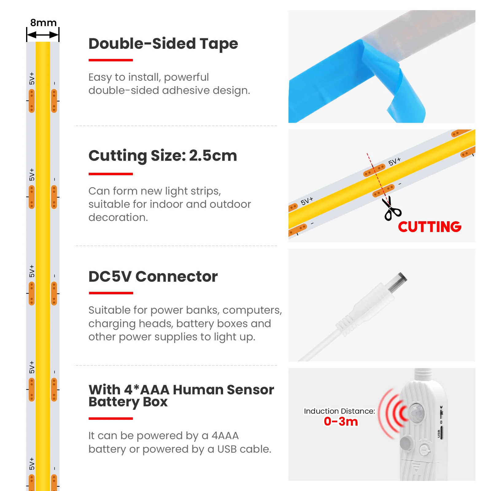 8MM COB Led Strip 5V with Motion Sensor Battery Powered 320LEDs/M USB Induction Night Light Warm White Red Ice Blue Green Yellow