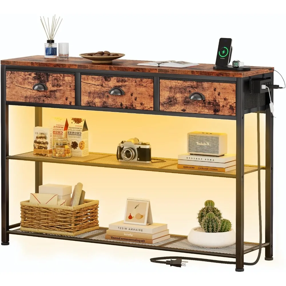 

Console Table with Charging Station & 3 Fabric Drawers, 38'' Entryway Table with Storage Shelves and LED Light for Entry Way, I