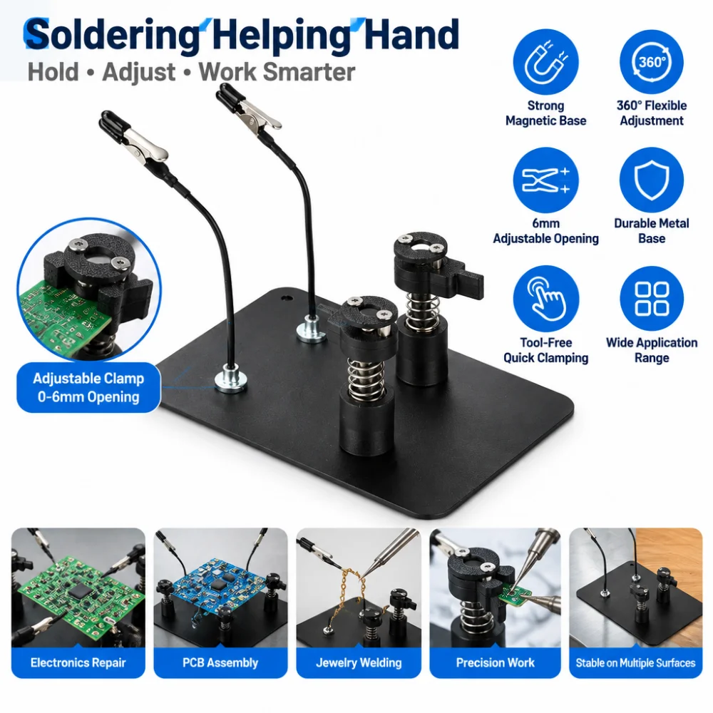 Benchtop Soldering Fixture, 6mm Opening, 360° Adjustable PCB Soldering Clamp, Magnetic Base, Suitable for Electronics Repair Etc