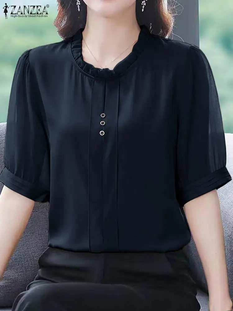 ZANZEA Elegant Women Blouse 2024 Summer Puff Short Sleeve Tops Shirt Fashion Ruffle Round Neck Tunic Vintage Office Lady Blusas