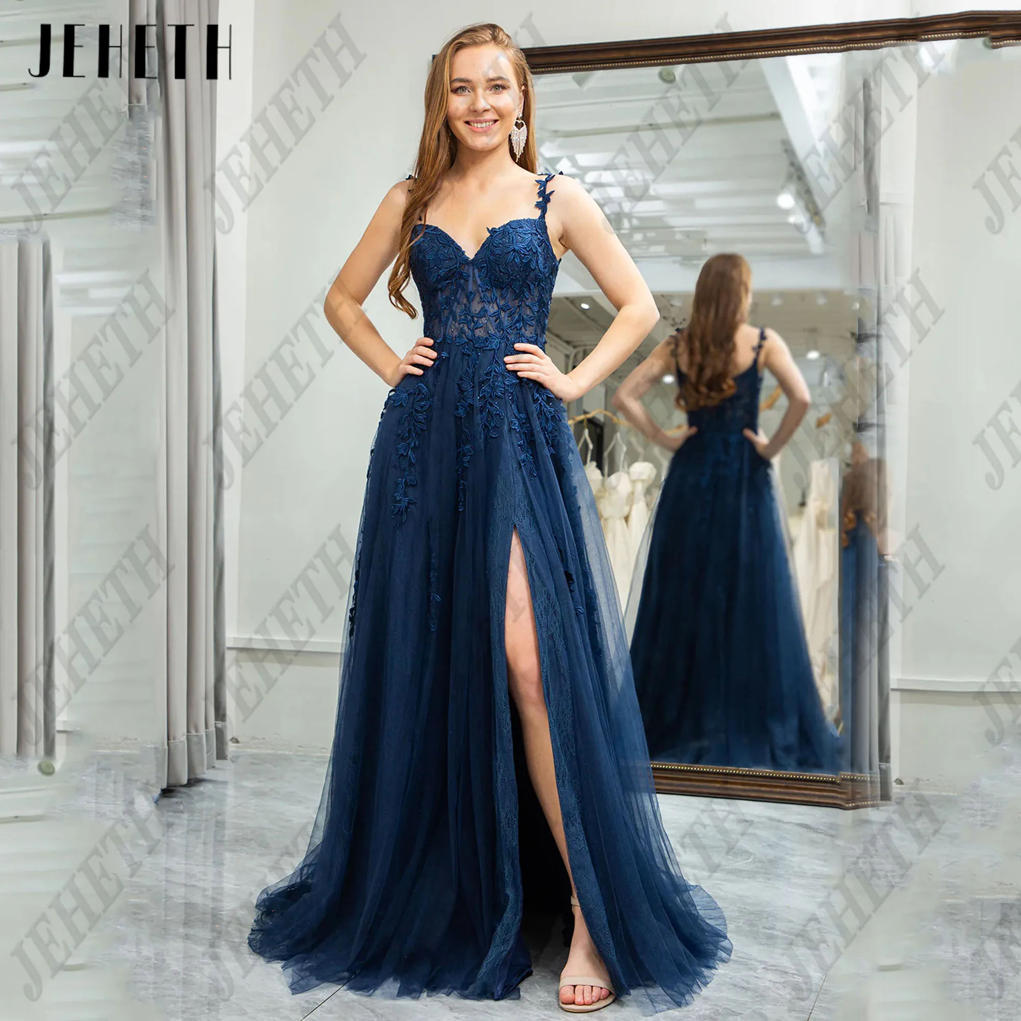 

JEHETH Customized Lace Fairy Prom Dresses Side Split Sweetheart Wedding Party Dress Spaghetti Straps Applique Vestidos De Festa