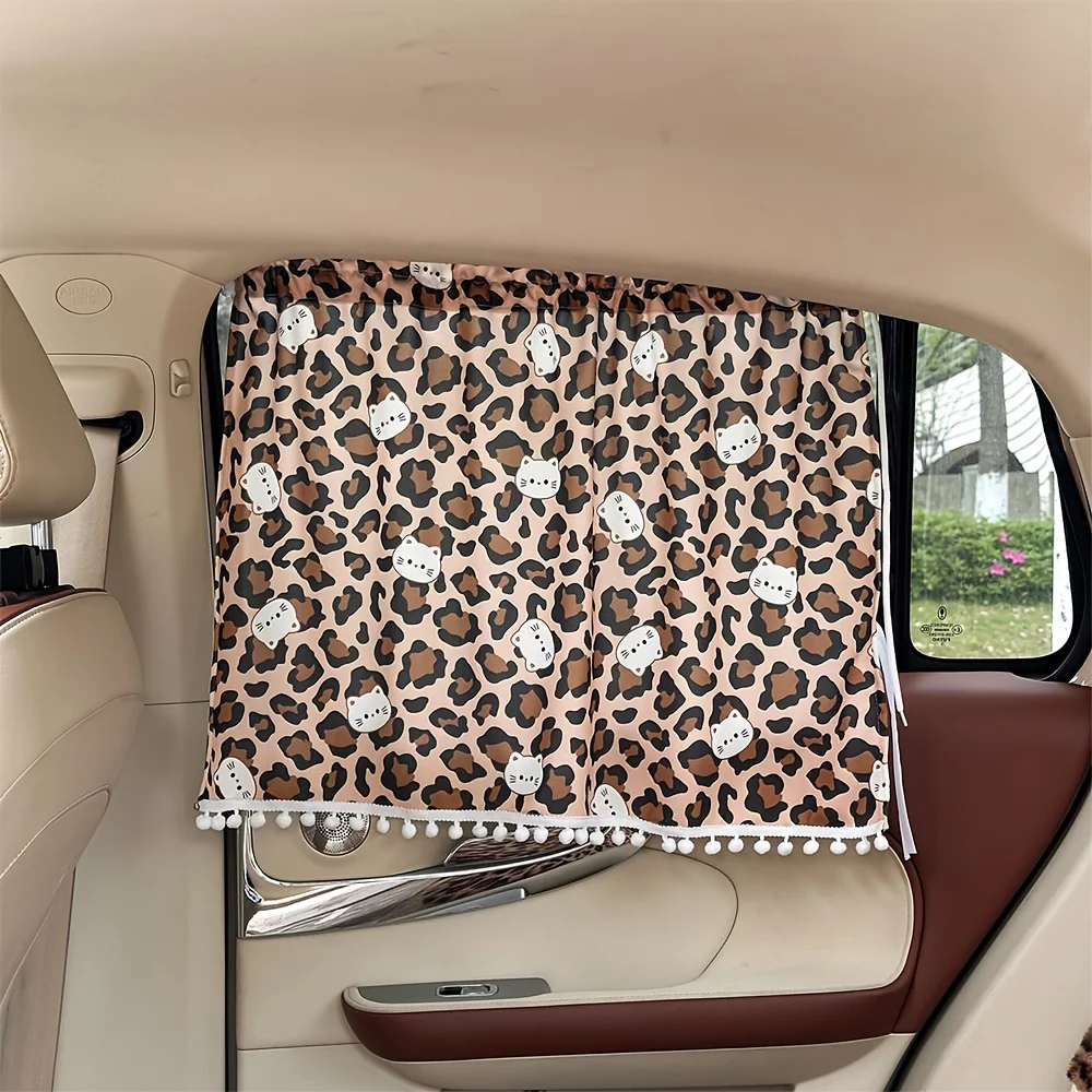 1pc Car Curtain Sunshade Cartoon Leopard Cat Car Sunscreen Heat Insulation Shade Cloth Track-type Sunshade Car Suction Cup Sunsh