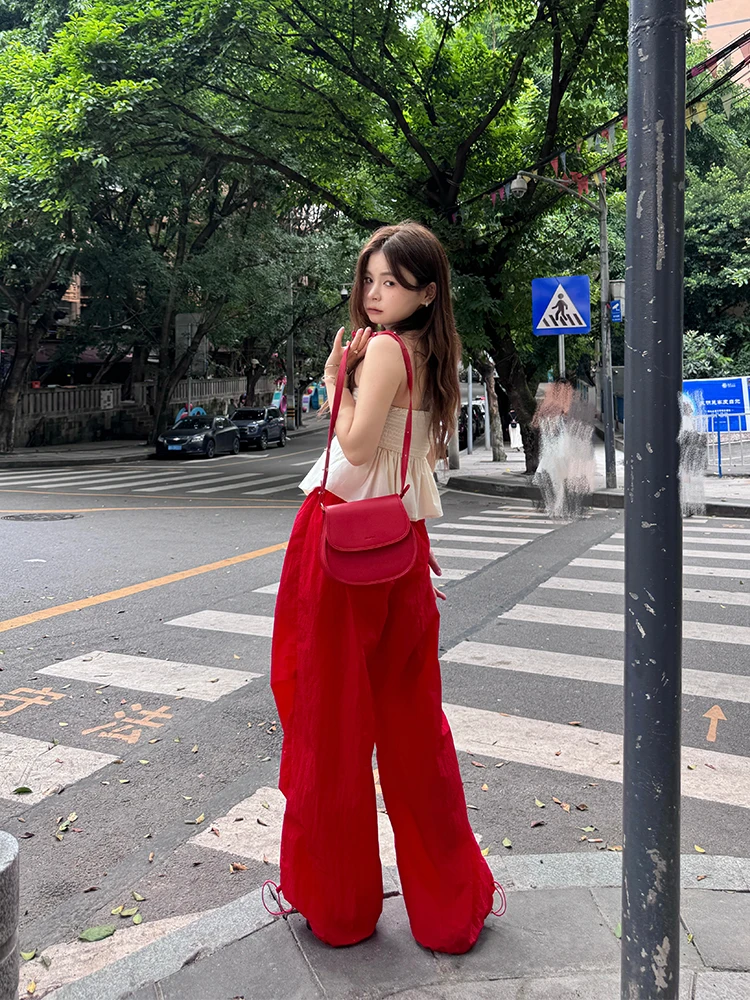 Streetwear Brand Red - スリムフィットカジュアルワークウェアパンツローウエストレッド薄型スタイル夏のストリートウェア女性用タグキタブランドポリエステル繊維