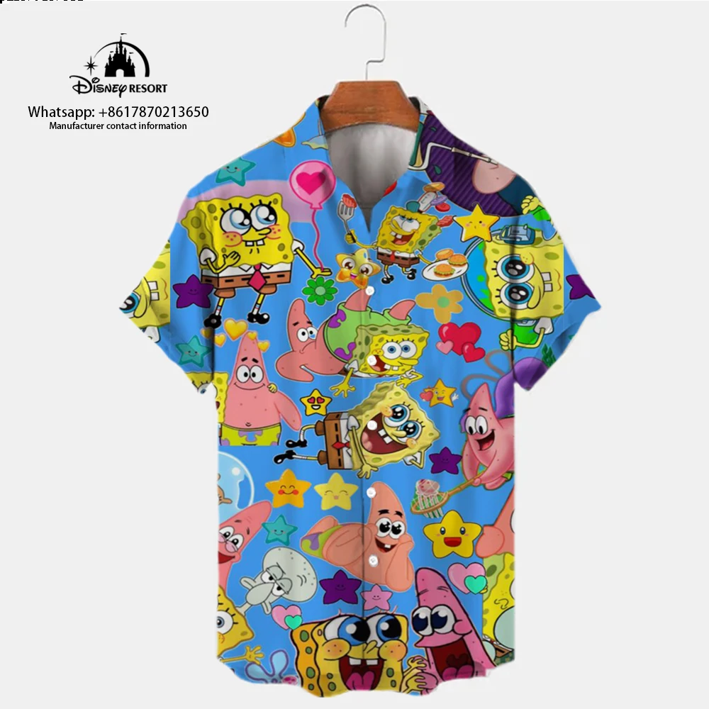 Baju lengan pendek pria, baju lengan pendek kerah Lapel pria trendi kasual musim panas baru Anime Harajuku jalanan SpongeBob SquarePants