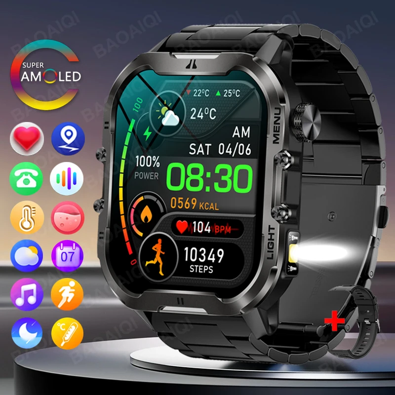 Jam tangan pintar senter LED IP68 tahan air, jam tangan pintar olahraga luar ruangan panggilan Bluetooth HD SOS layar besar 1.96 inci baterai 370 mAh