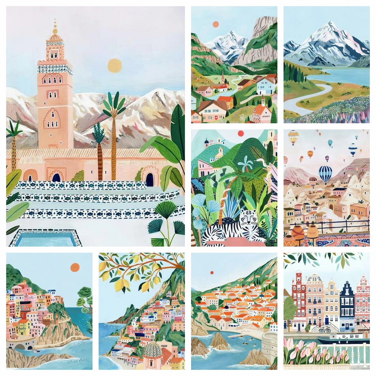 Diamant Malerei Stich 5d DIY Mosaik Vintage Reise abstrakte berühmte Stadt Attraktionen Dorf Bergsee Landschaft Stickerei