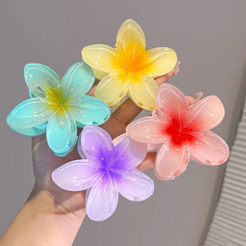 

8CM Women Plastic Barrettes Sweet And Cute Plumeria Flower Shape Hairpin Shark Clip Hair Accessories Translucent Gradient Style