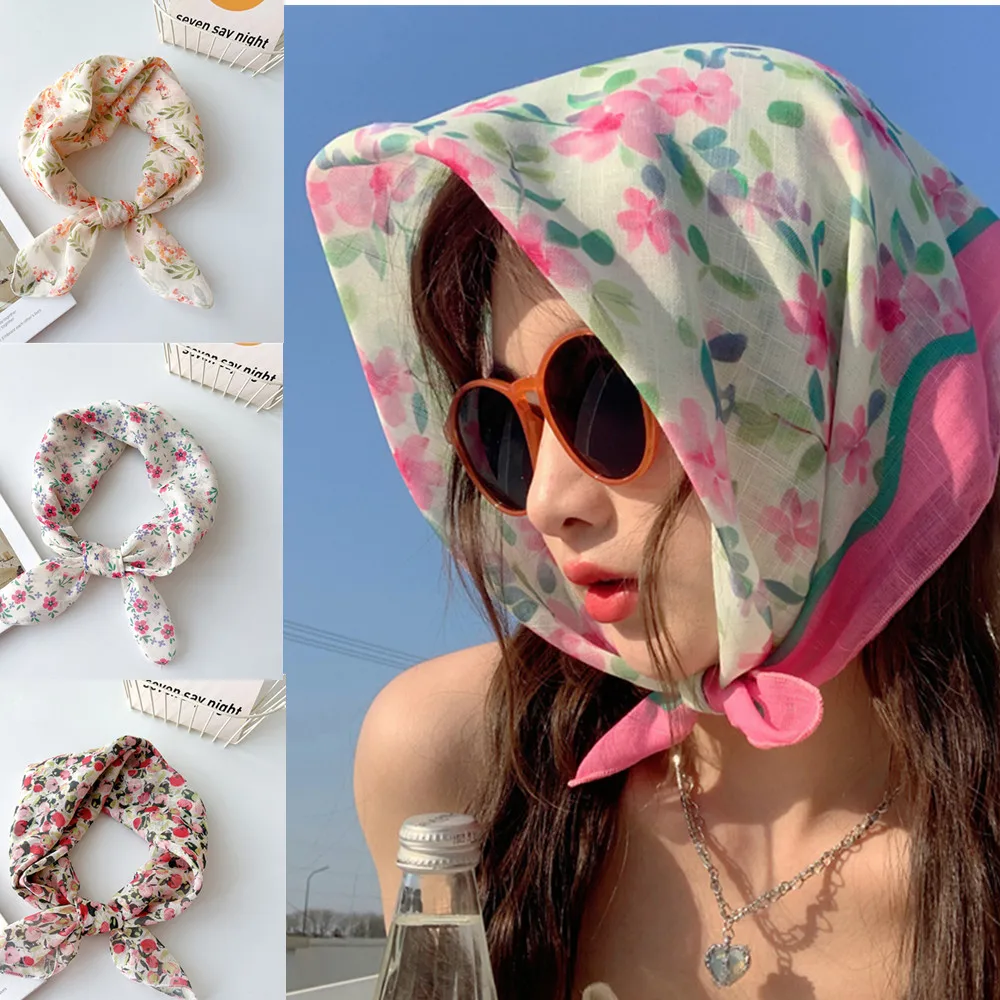 2024 New Small Suapre Silk Scarf Flower Neck Scarves Hair Band Women Cotton Linen Headband Neckerchief Hijab Shawl 58x58cm Soft