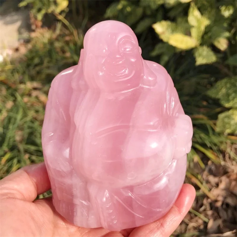 

Natural Rose Quartz Carving Of Maitreya Buddha Statue Healing Crystal Fengshui Fashion Buddhism Home Decoration Gift 1pcs