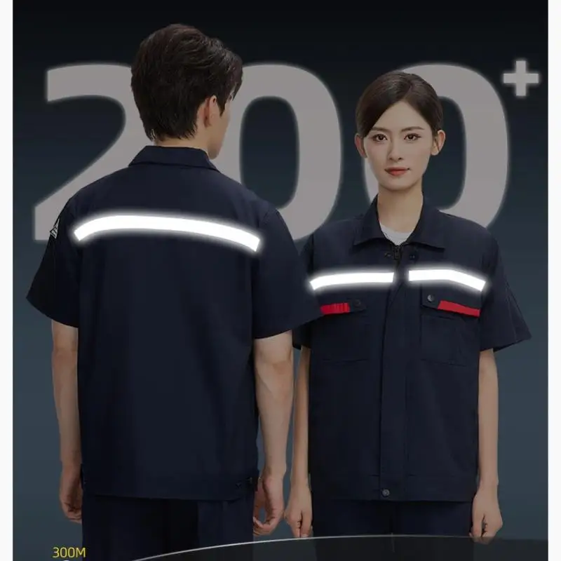 Men's Workshop Workwear Short Sleeved Reflective Strip Suit Print Logo Workwear Worker Gas Station Electrician Repair Jacket