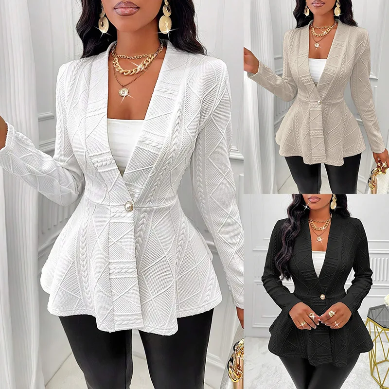 

New Autumn Ruffled Hemline Jacket Women Single Button Shawl Collar Long Sleeve Coat Winter White Elegant Fashion Outerwear