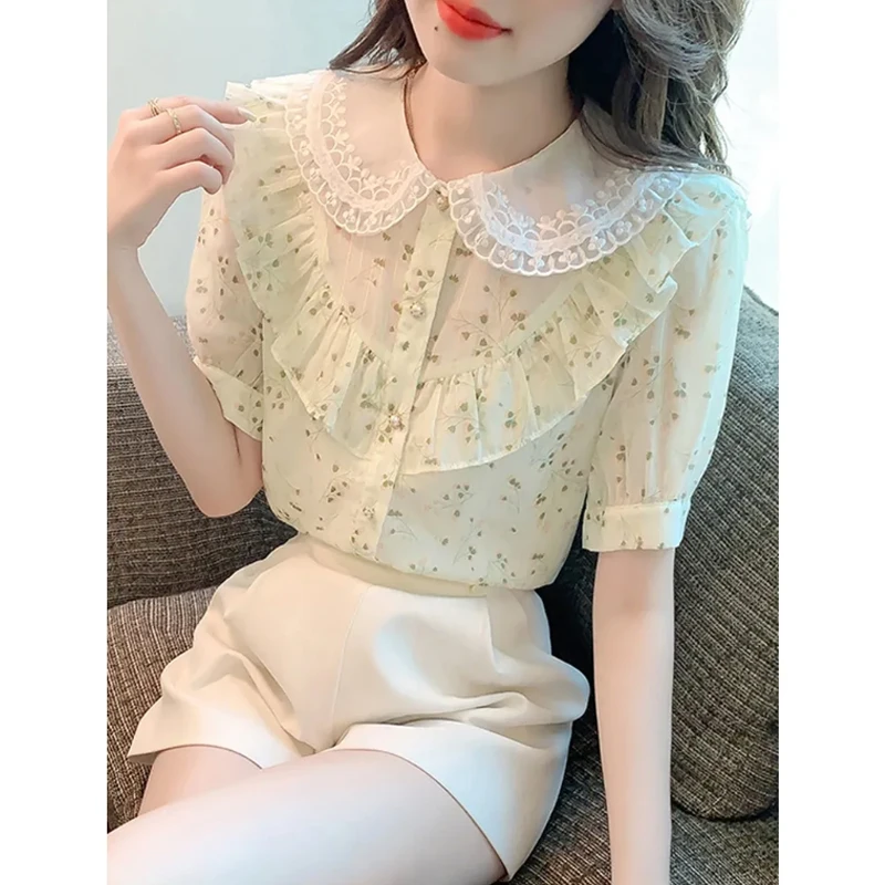 Women Summer Trendy Ruffle Lace Patchwork Button Up Shirt Elegant Chic Sweet Chiffon Blouse Casual Short Sleeve Loose Fairy Tops