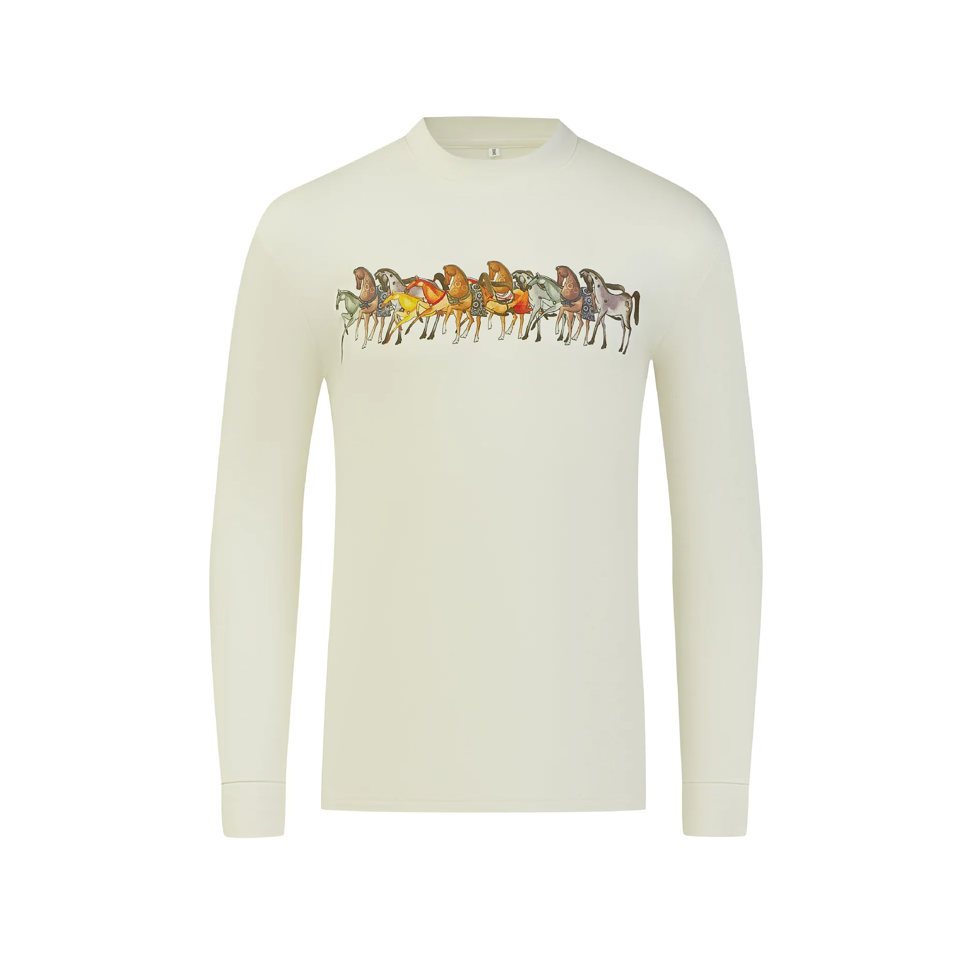 Autumn and winter long sleeved T-shirt with colorful horse print and velvet Tang silk heating Modal warm men's base shirt