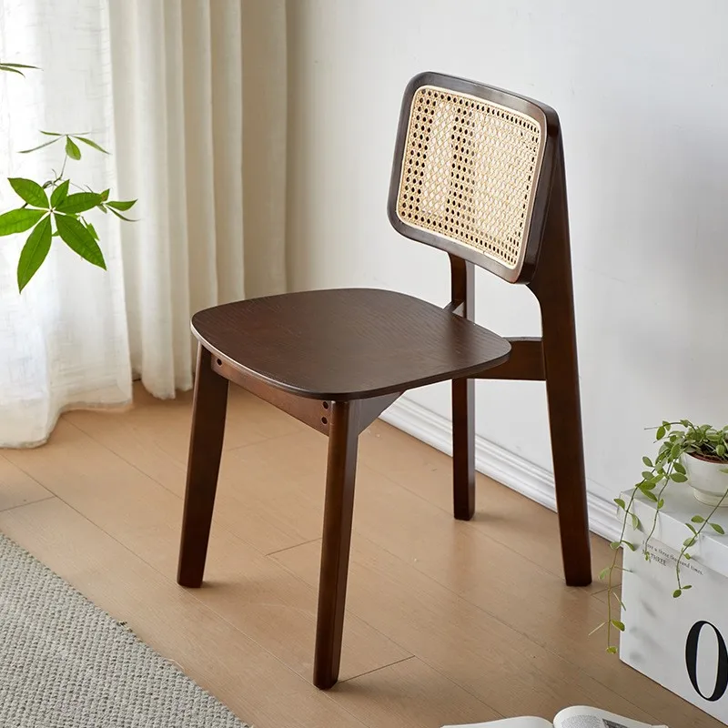 The Dining Chair Woven From Antique Rattan Material In A High-end Black Casual Style Is Suitable For Home Solid Wood Backchairs