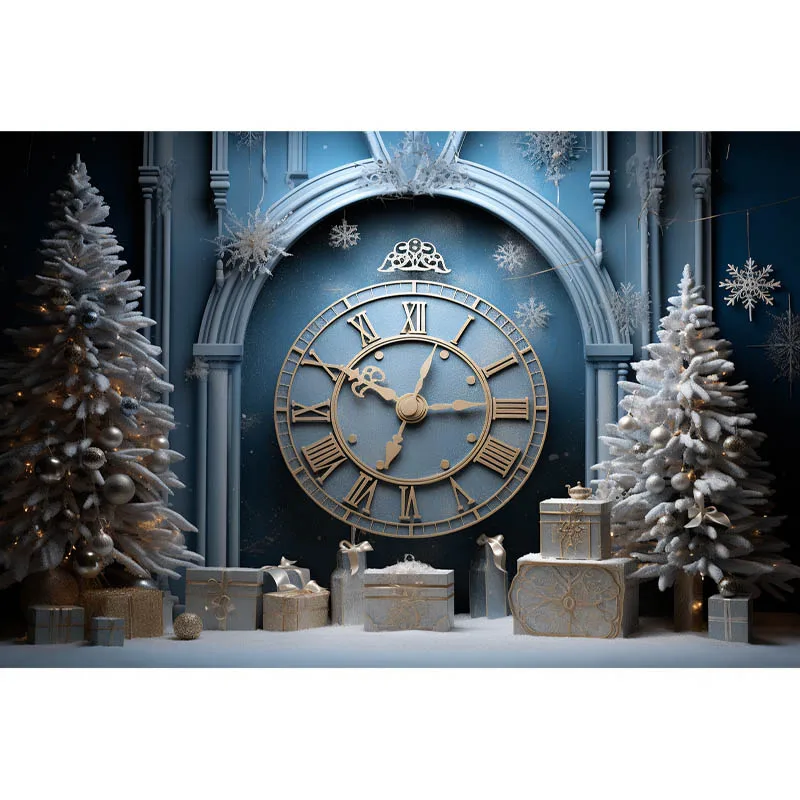 Christmas Clock Backdrop Celebrate New Year Party Banner Xmas Tree Snowflakes Gift Boxes Decoration Backgrounds Photo Studio