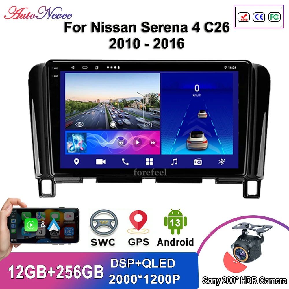 

Радио Android14 для Nissan Serena 4 C26 2010-2016, авто радио, мультимедийный плеер, стерео головное устройство, GPS-навигация, без экрана 2din 2K