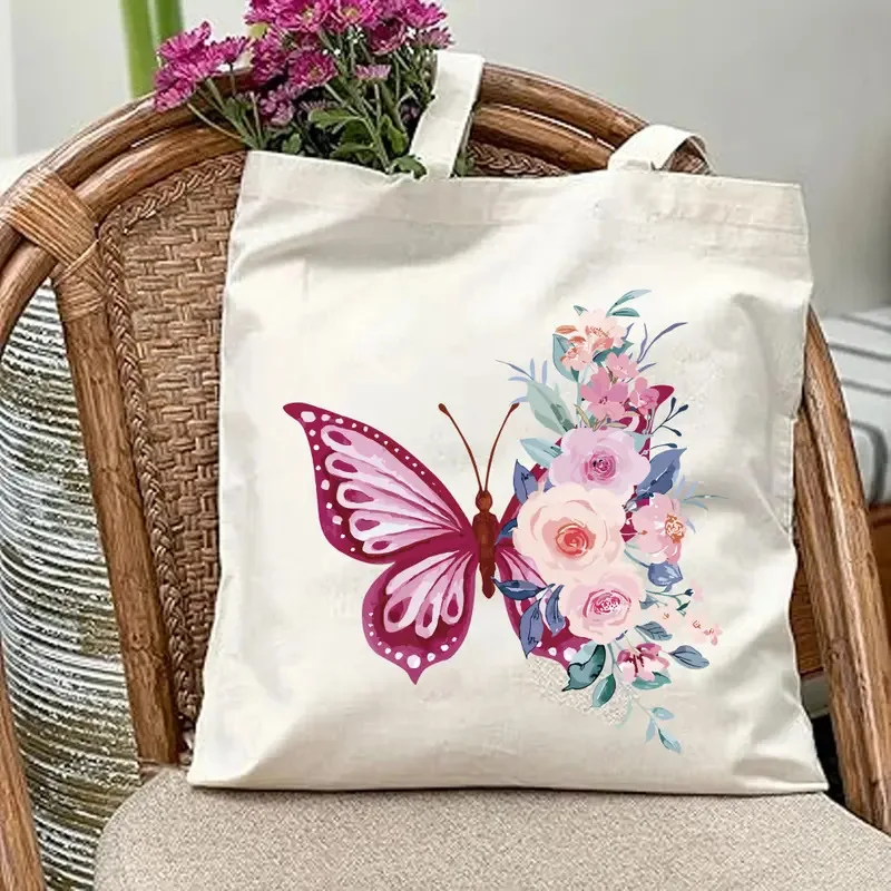 

Butterfly Flower Canvas Bag Pink Butterfly Women's Handbag Large Capacity Shopping Bag Short Term Travel Tote Bag Portable Bag