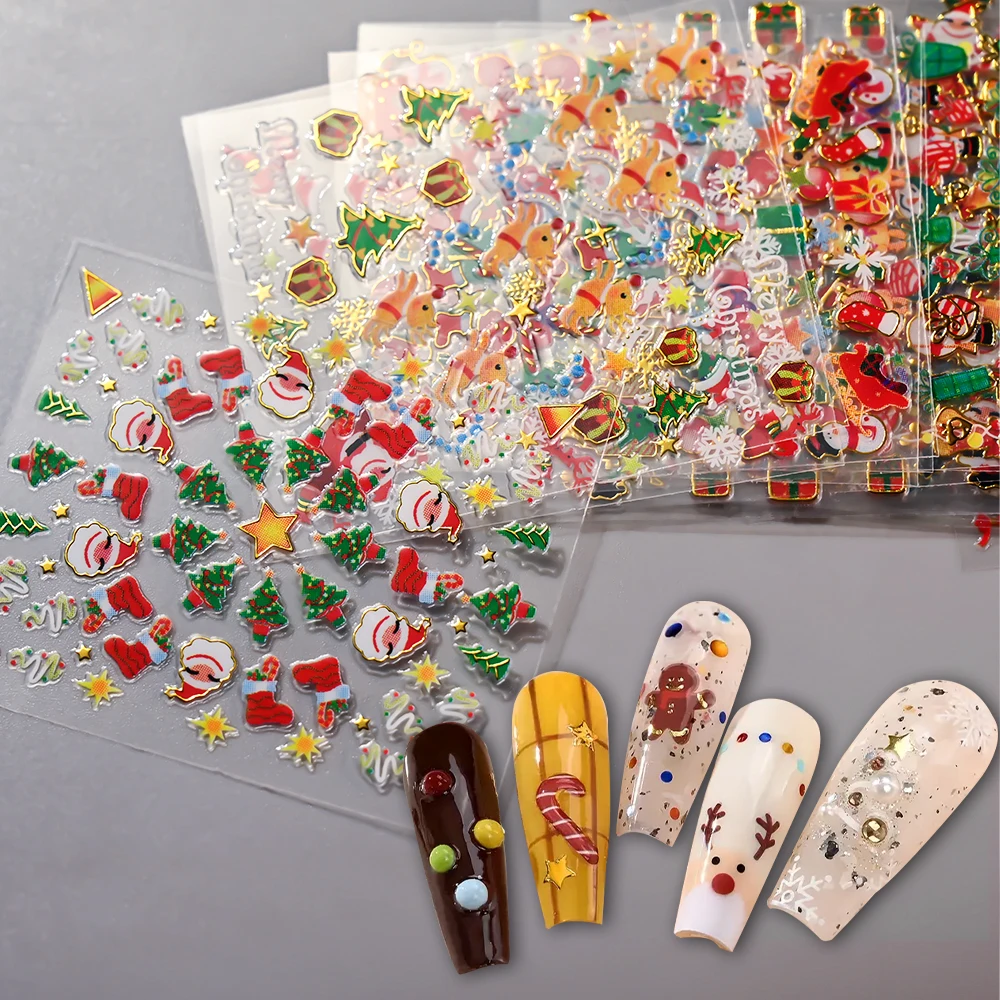 

24/30pcs 3D Elegant Gold Edge Christmas Nail Stickers Cute Snowman Xmas Tree Santa Claus Nail Decals Self-Adhesive Nails Slider*