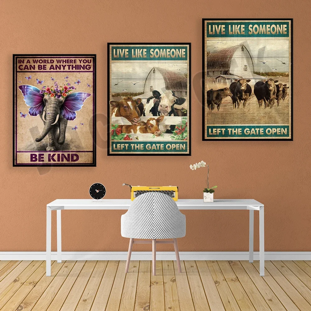 Cow Poster, Live Like Someone Opens the Door Poster, Hippie - Elephant and Calla Lily - In a World You Can Be Anyone Poster
