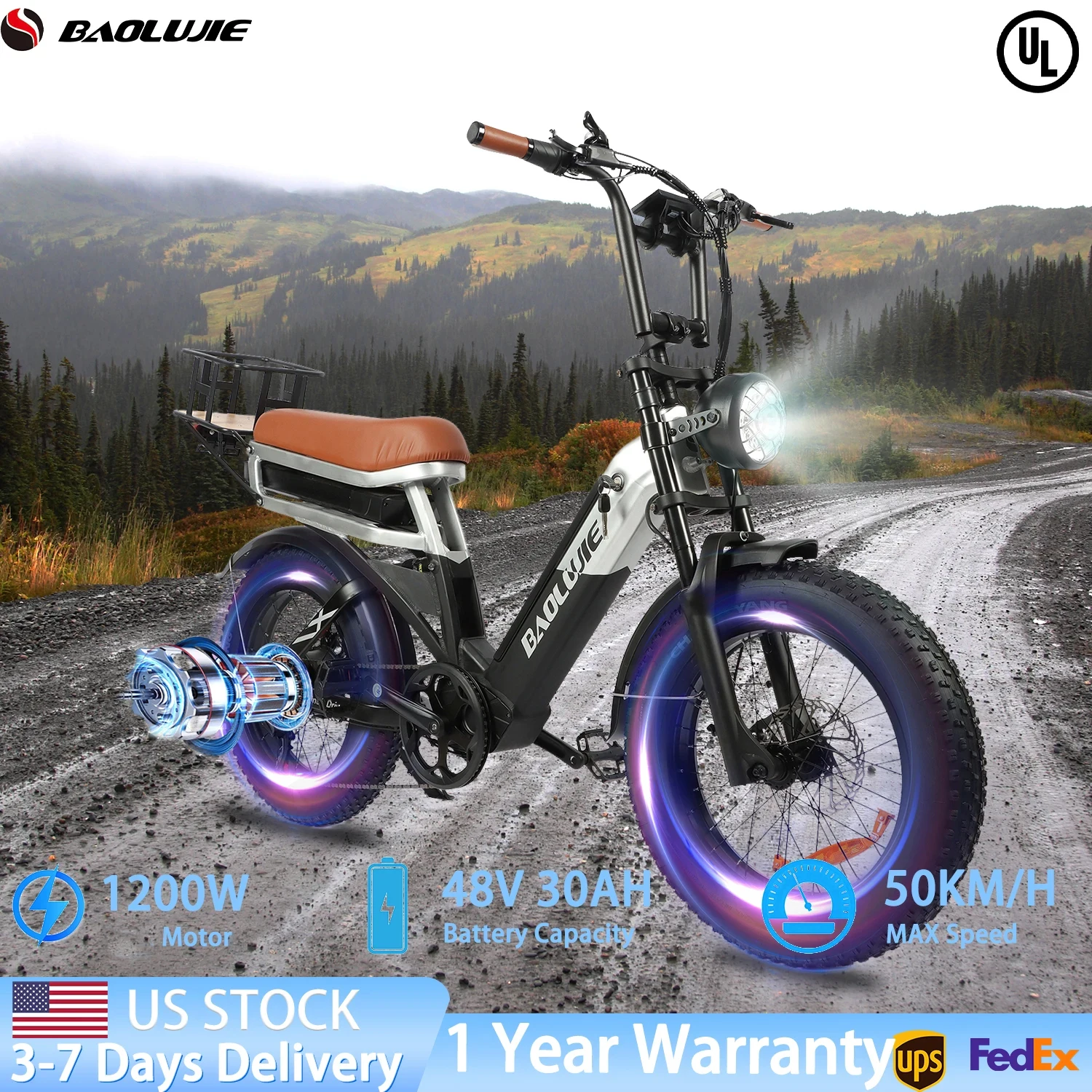 

BAOLUJIE 2033 1200W Ebike 48V 30AH Battery，Electric Bicycle，50KM/H，Electric Bike for Adults All-Terrain UL 2849【1 Year Warranty】