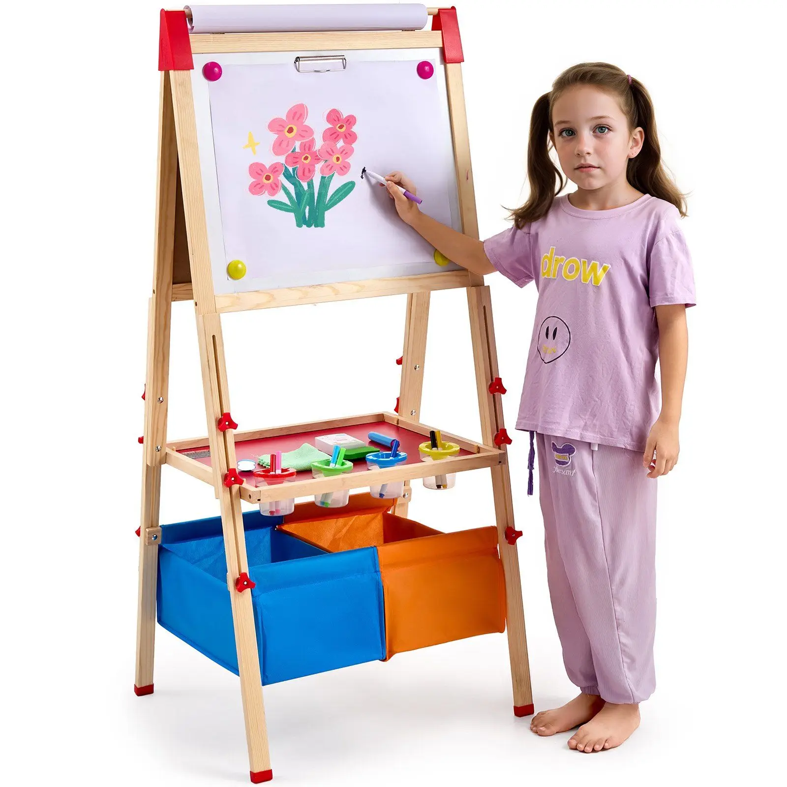 3-in-1 Kids Art Easel Double-Sided Wooden Magnetic Whiteboard Chalkboard