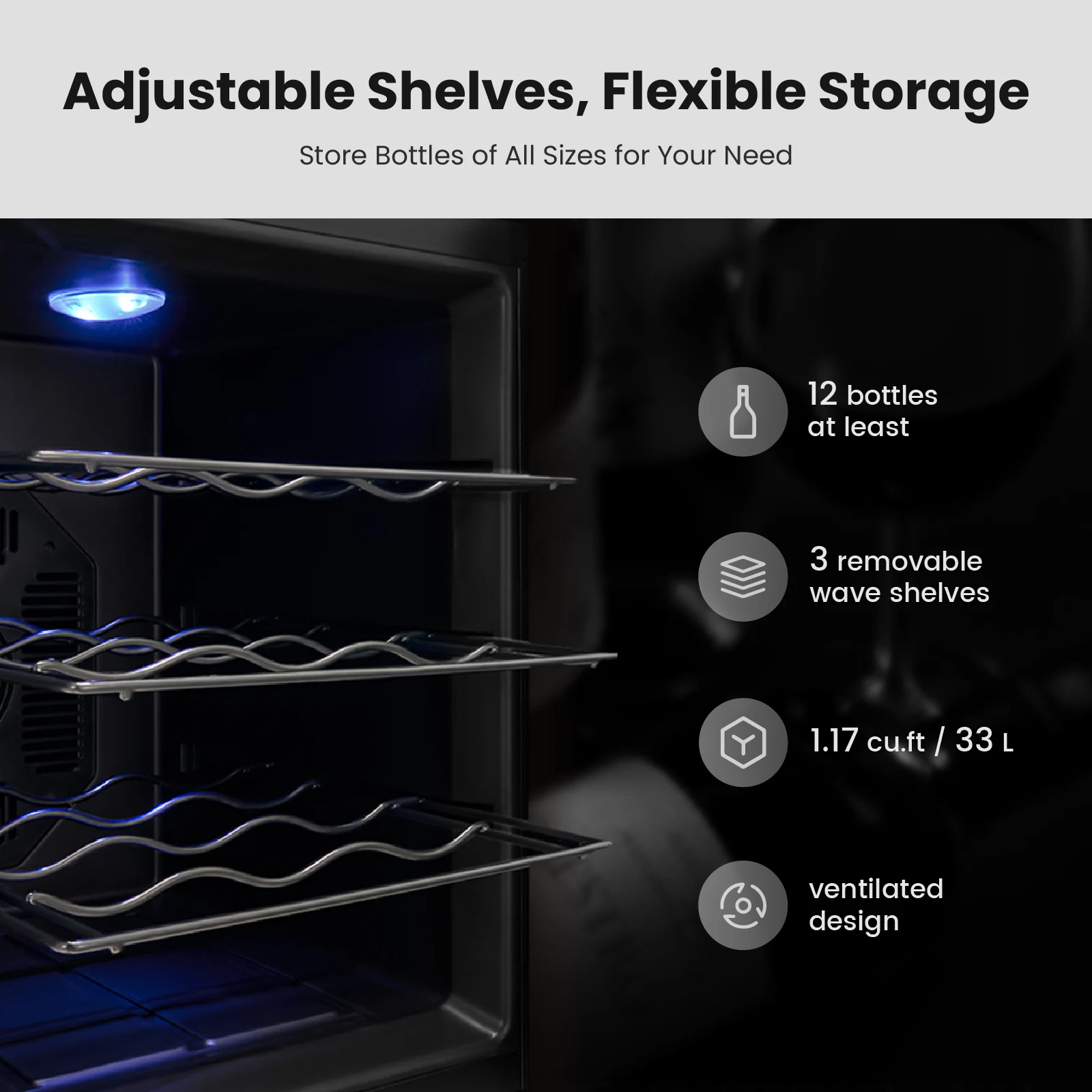 Yeego 33L Stylish Wine Refrigerator - Ideal Beverage Cooler with Quiet Thermoelectric Cooling and Organized Storage for Home Use