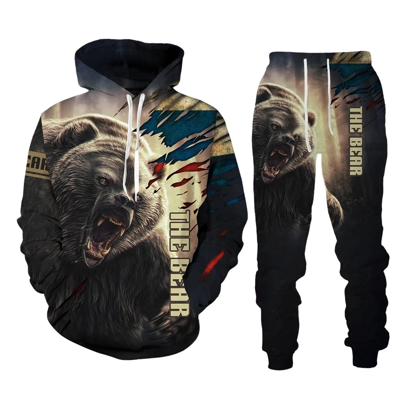 Autumn Winter 3D the Bear Printed Pullover Sweatshirts Sportswear Tracksuit Casual Hoodie Pants Set Fashion Men's Clothing Suit