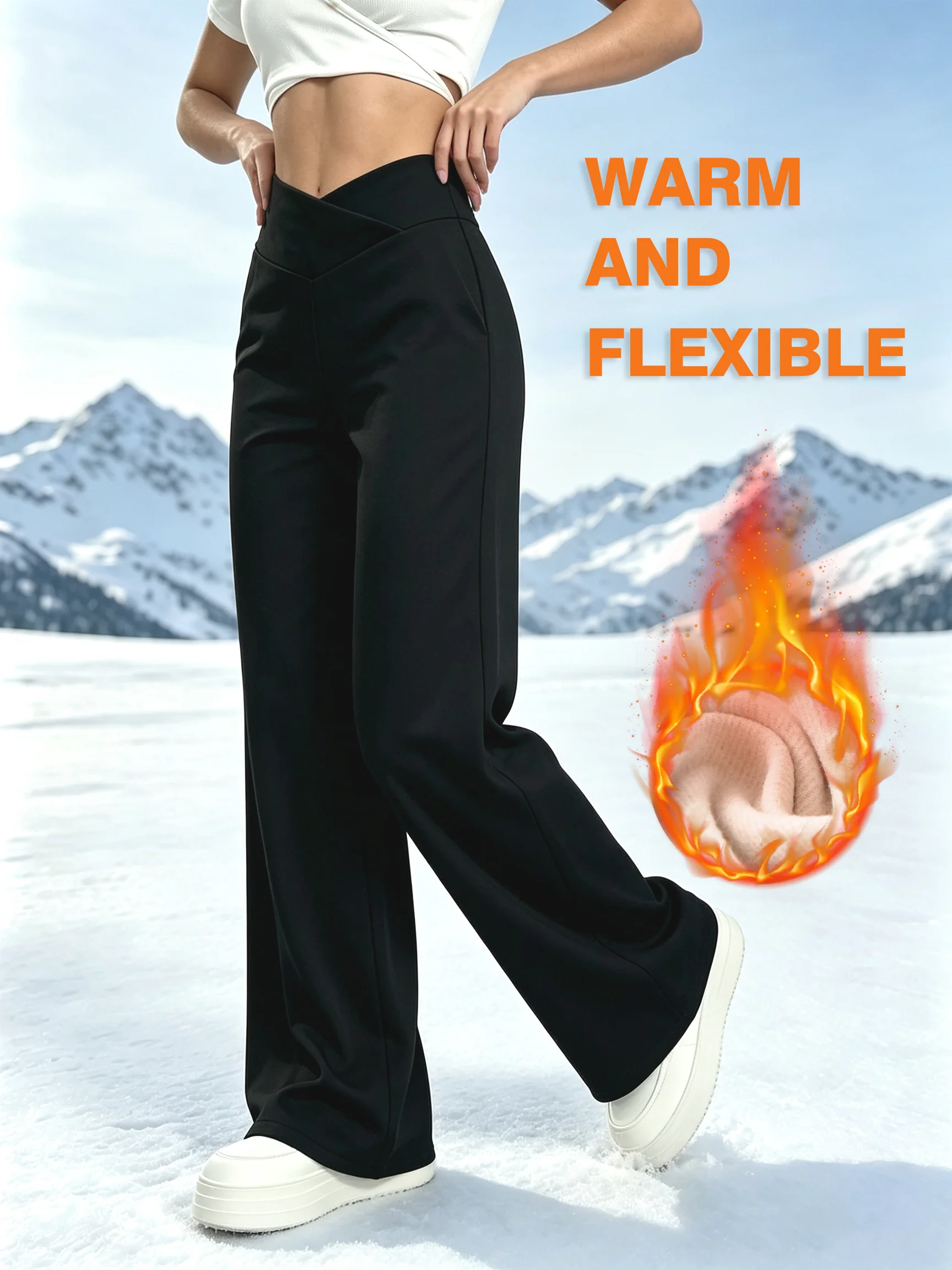 Ein Paar Damen-Samthose mit weitem Bein für den Winter, gekreuzter Bund, gerade geschnitten und außen samtig, warm und samtig. – Detail 4