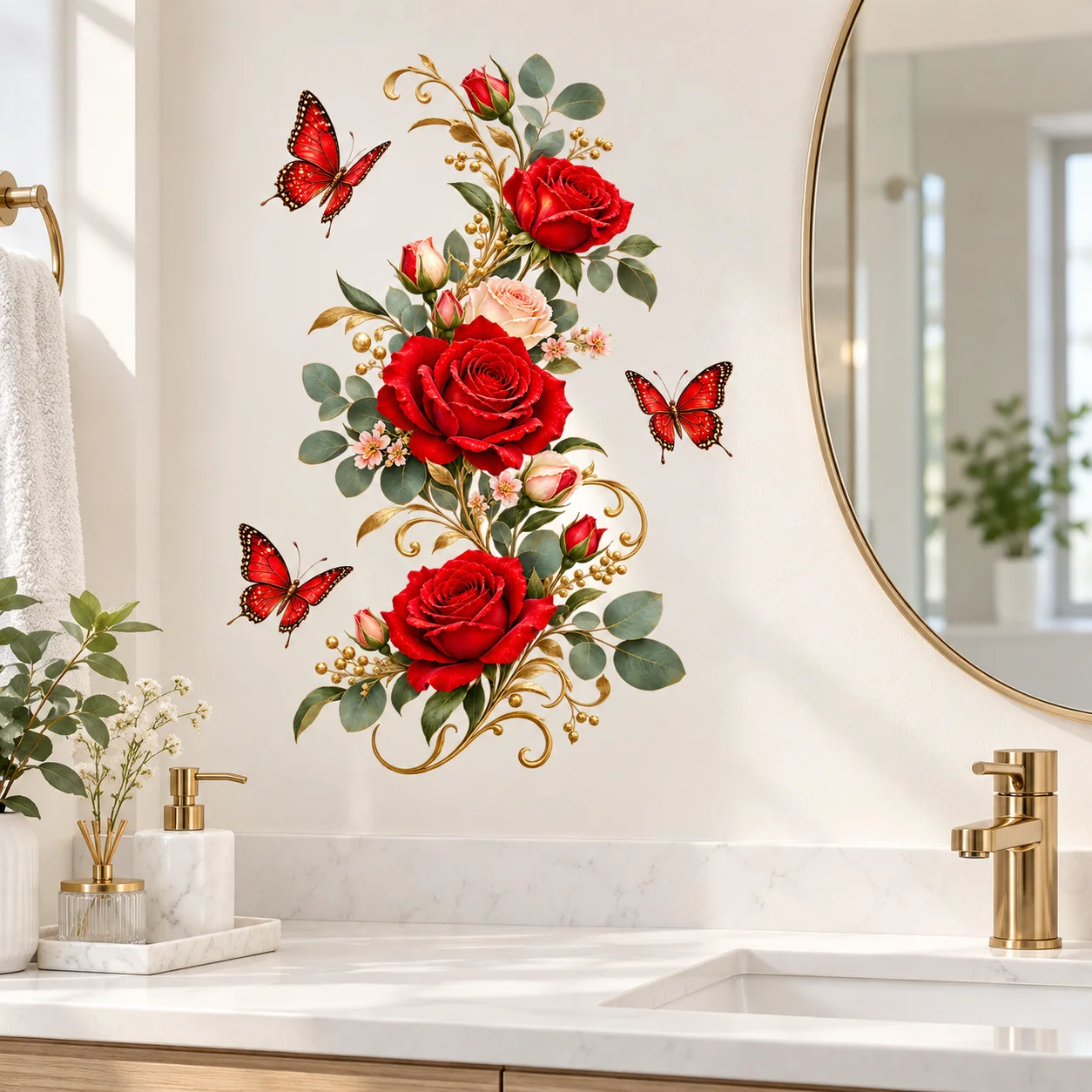 Red Rose Butterfly Wall Decal Peel and Stick Golden Swirl Floral Sticker for Fridge Living Room Bedroom Decor