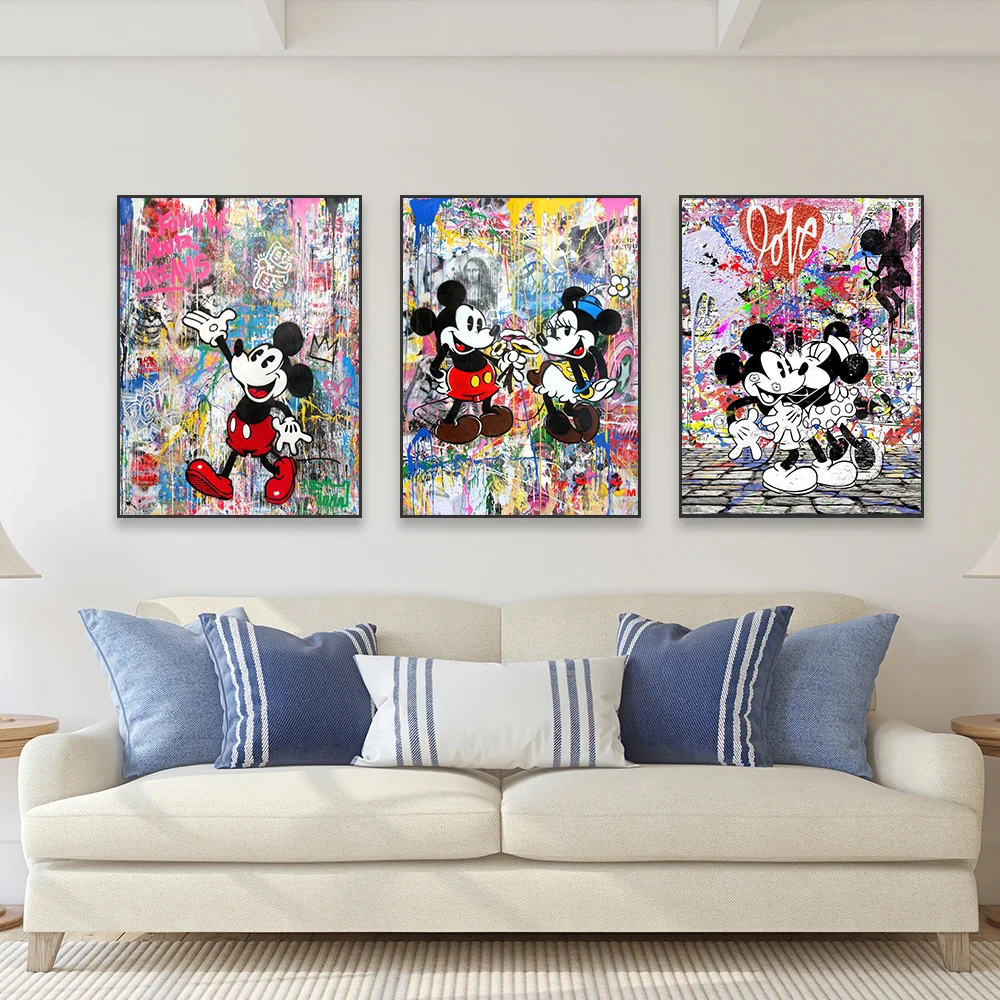 الكلاسيكية أنيمي ديزني الكتابة على الجدران ميكي ماوس الكرتون الجدار ملصق فني يطبع غرفة المنزل الحديثة ديكور قماش اللوحة الجداريات ، الإطار