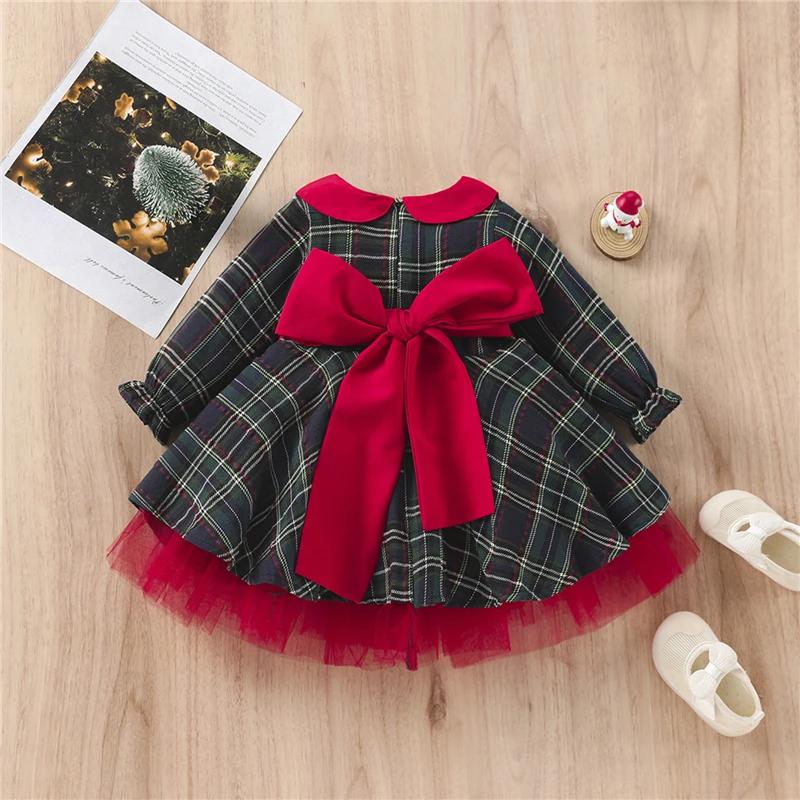 Maluch Kid Girl sukienka świąteczna dziewczynka pierwsze urodziny Xmas Party księżniczka Tutu suknia niemowlę Plaid Tulle Bow nowy rok kostium