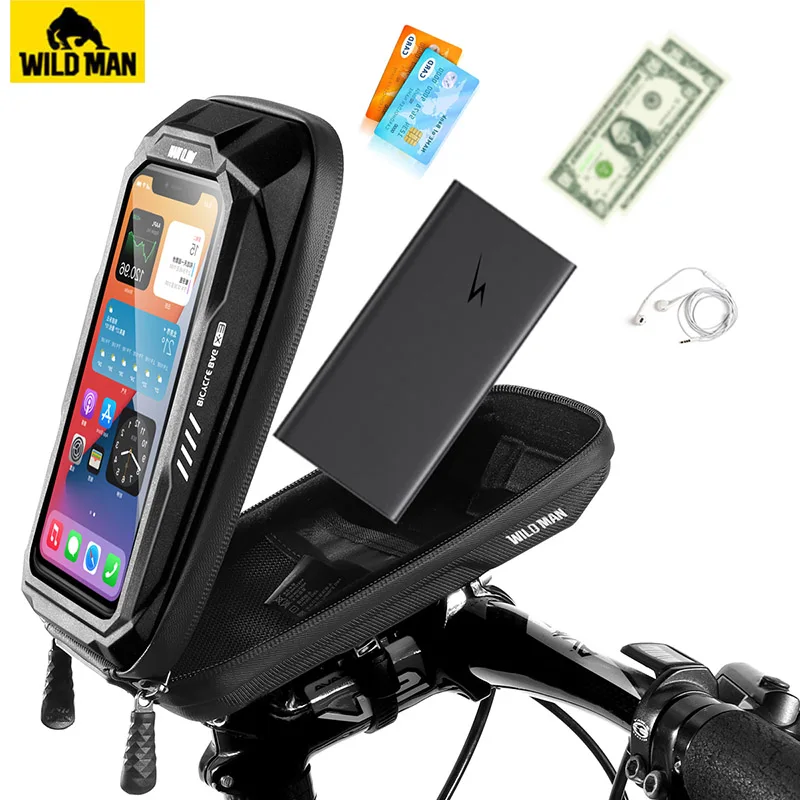 WILD MAN Hard Shell Bicycle Bag Reflective Rainproof Touch Screen Mobile Phone Case Bag Bike Top Tube Bag Bike Accessories