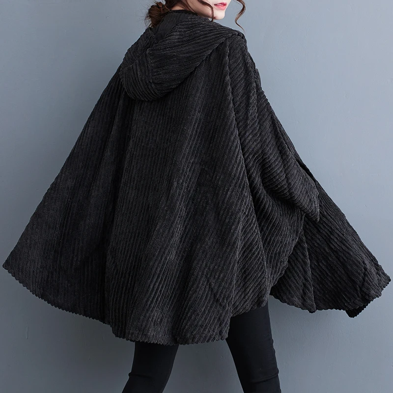 #4078 Autumn Winter Black Hooded Corduroy Ponchos And Capes Women Zipper Loose Batwing Sleeve Asymmetrical Coat Loose Outerwear