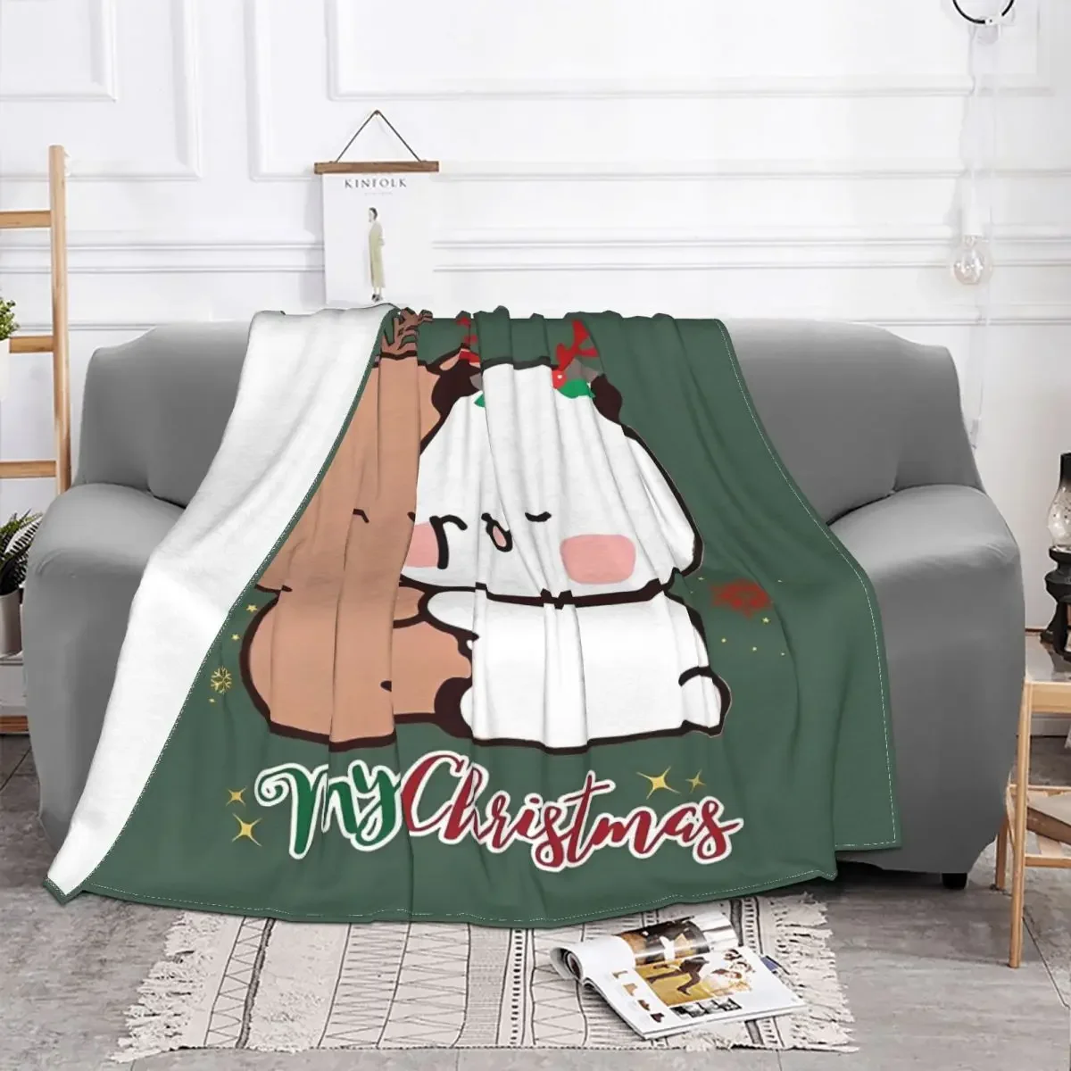 BuBu Panda DuDu Bear Christmas Love Blanket Xmas Cute Flannel Novelty Warm Throw Blanket for Home Restaurant Spring Autumn