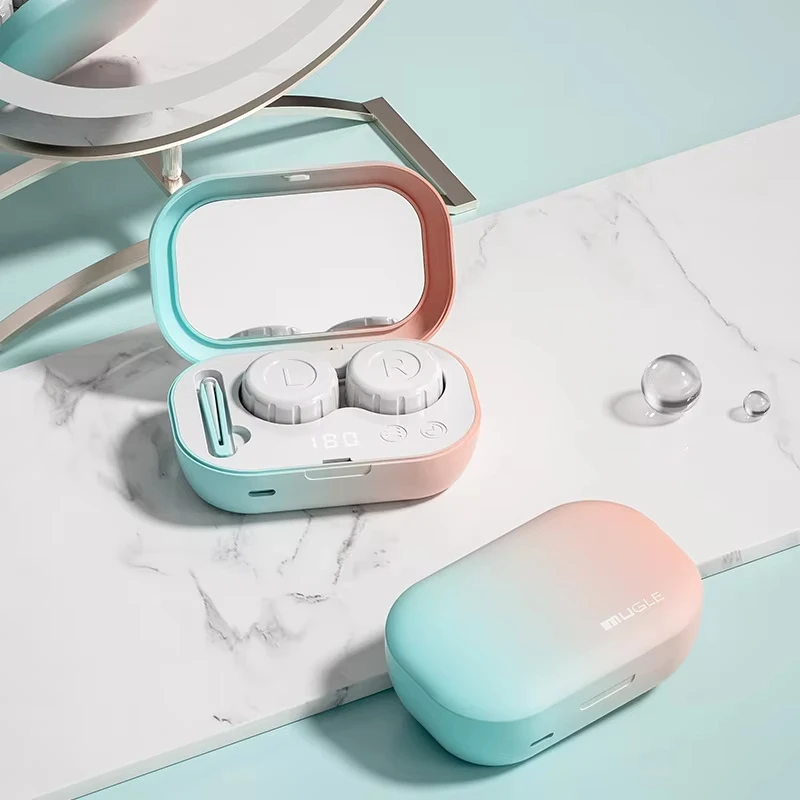 آلة تنظيف العدسات اللاصقة الصغيرة ، منظف بالموجات فوق الصوتية ، حافظة عدسات لاصقة ملونة ، حافظة غسيل ، أضواء LED ، 47000Hz