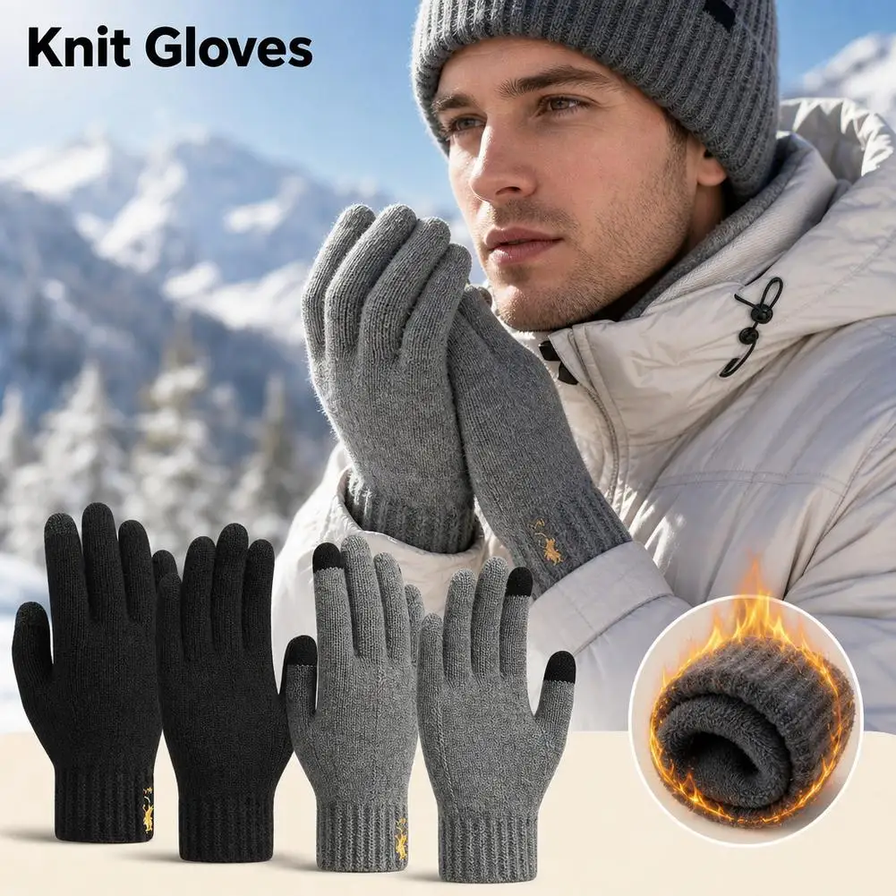 1Pair Warm Gloves For Winter Touch Screen Plus Velvet Thickened Cold-Proof And Warm Wool Knitted Gloves for Travel Cycling Sport