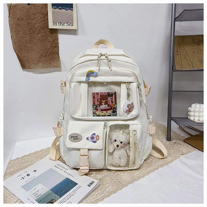 

Fresh Simple Girl Backpack New Korean Fashion Multi-Pocket Campus Dual-Shoulder Bag junior high school Student Bookbag Nylon
