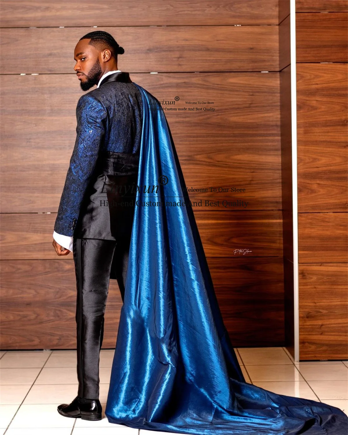 Traje de boda para hombre de Jacquard azul a la moda, esmoquin delgado para novio, capa personalizada, conjuntos de 2 piezas, chaquetas para fiesta