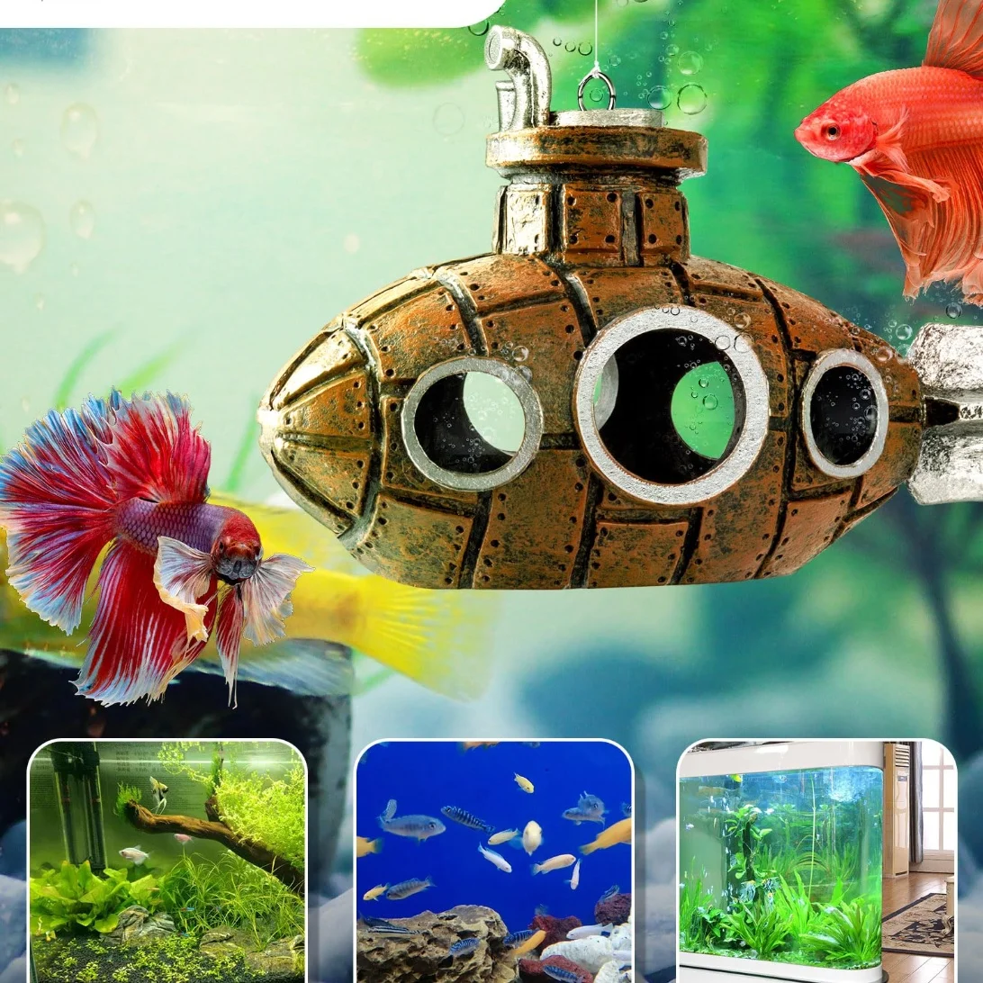 

Floating Fish Tank Decoration Little Cute Retro Submarine Aquarium Decoration with Two Float Balls Resinous Fish Tank Accessorie