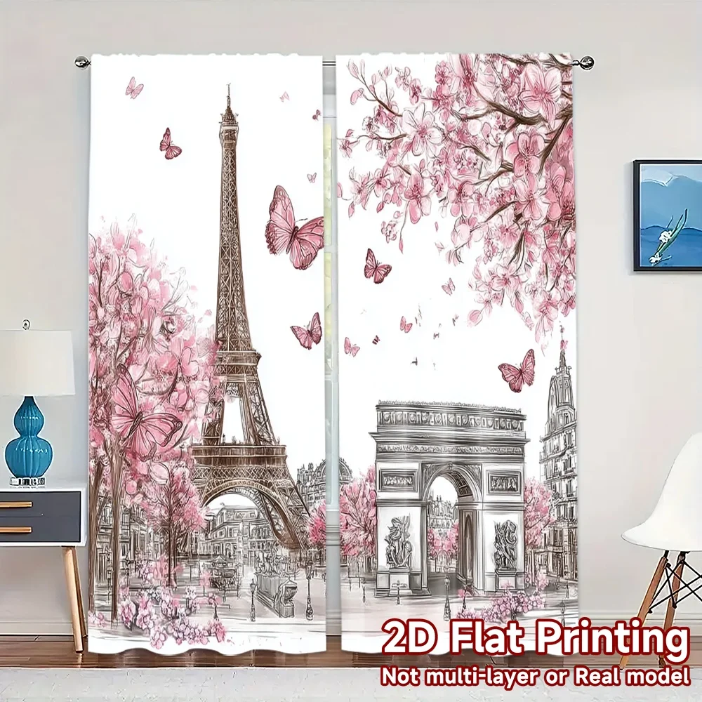 2pcs, 2D FLAT PRINTING Curtains (Without Rod) Paris in Bloom