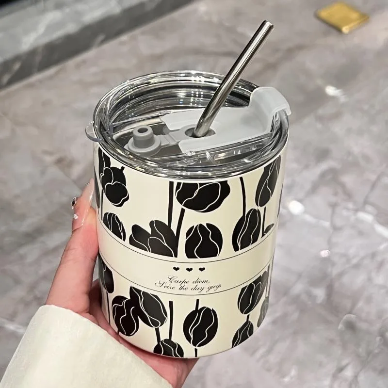 Stainless Steel Straw Thermos Cup Girl Ins High Appearance Level New Tulip Water Cup Office Worker Niche Design Sense Coffee Cup