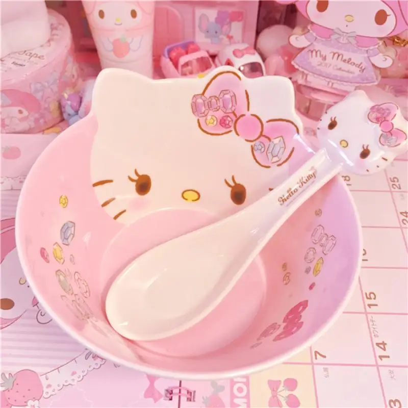 

Kawaii Sanrio Hellokitty Exquisite Tableware High Beauty Anti Scalding and Dropping Children Bowl Spoon Set Gift Box