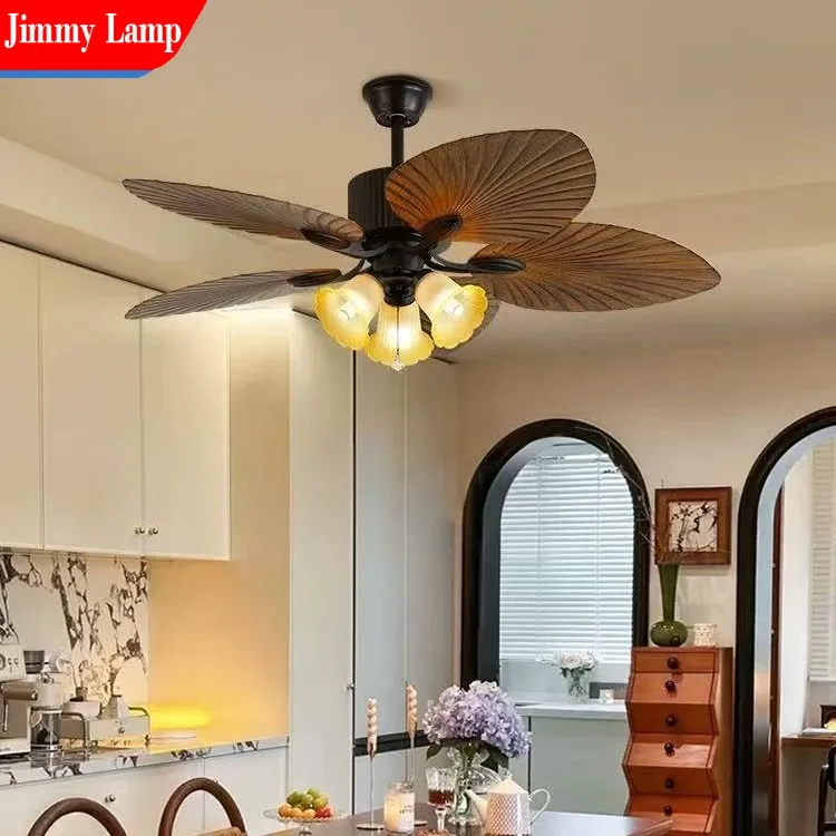 Vintage Ceiling Fan with Light, 5 Palm Leaf Blades, Retro Flower Lampshade, 52 Inch Silent Fan Light for Living Room Bedroom