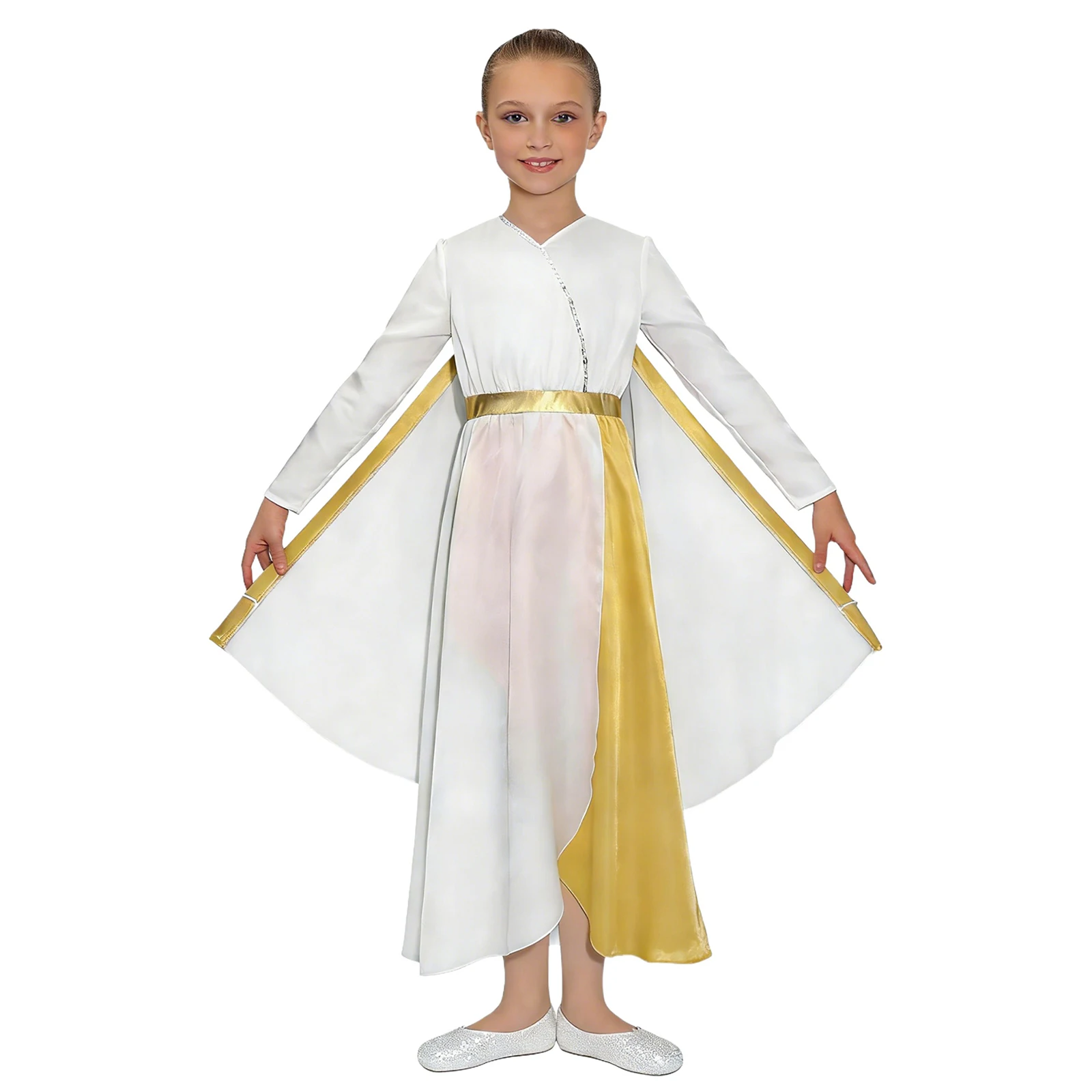 Kids Girls Greek Goddesses Costumes Dress Long Sleeve Detachable Cape Dress for Athena Carnival Masquerade Princess Angel Outfit