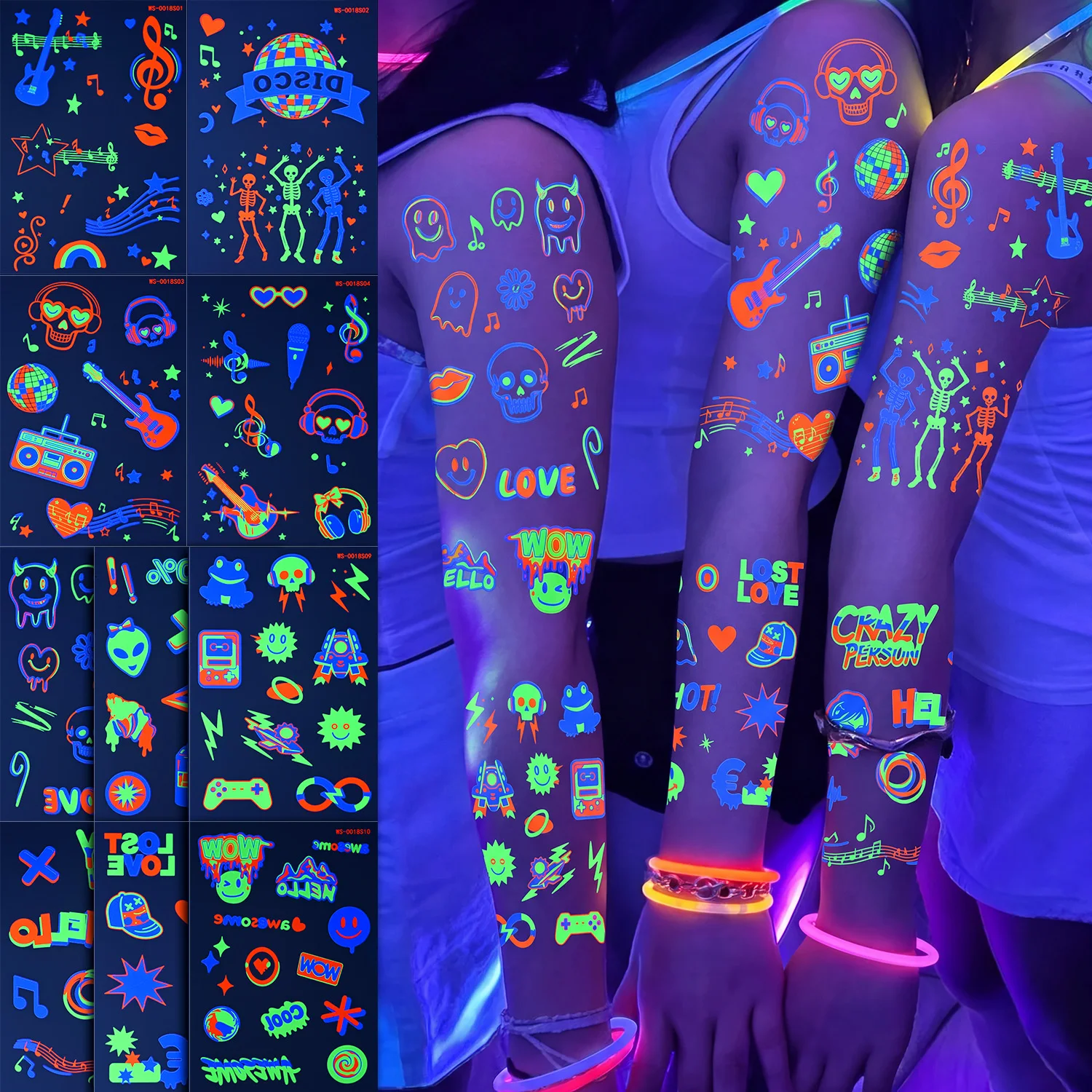 10pcs Halloween Luminous Temporary Tattoos Stickers UV Neon Fluorescent Music Festival Body Face Tattoo Sticker Party Decoration