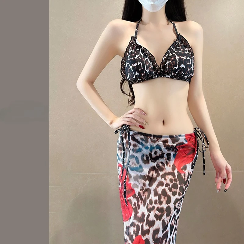sexy Korean fashion black leopard print bikinis sets swimsuits 3pcs with long mesh skirt bikinis sets biquini tankini trikini