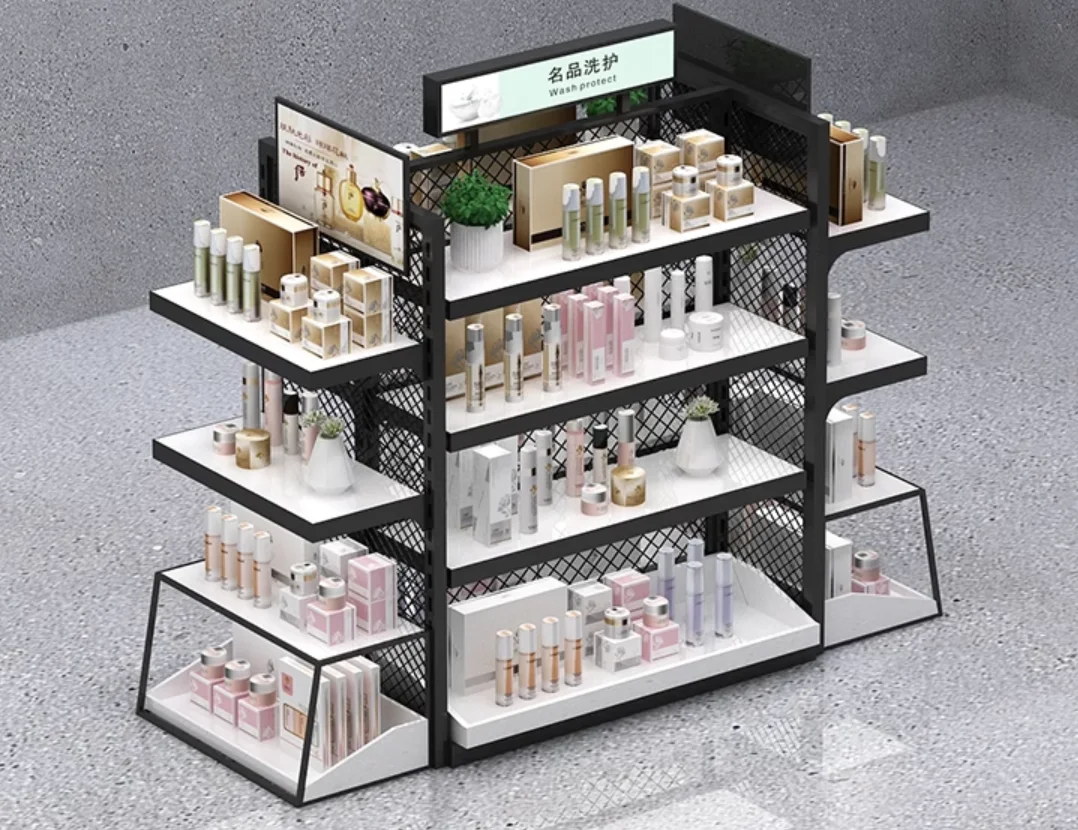 

Cosmetics in the island display cabinet multi-functional promotion stacking shelves beauty salon products display cabinet flow t