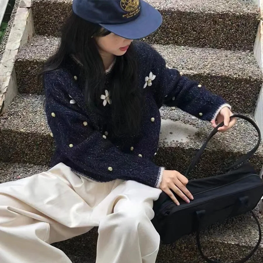 Knitted Women Pullovers Sweaters Casual Jumper 3D Floral Crochet O Neck Long Sleeves Loose Slight Strech Office Lady 2025 Autumn